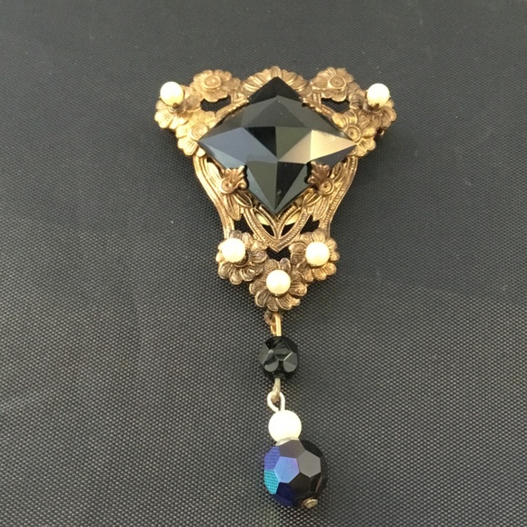 Vintage Pin Brooch Jet Pearls Gold Tone 3" long - Picture 2 of 7